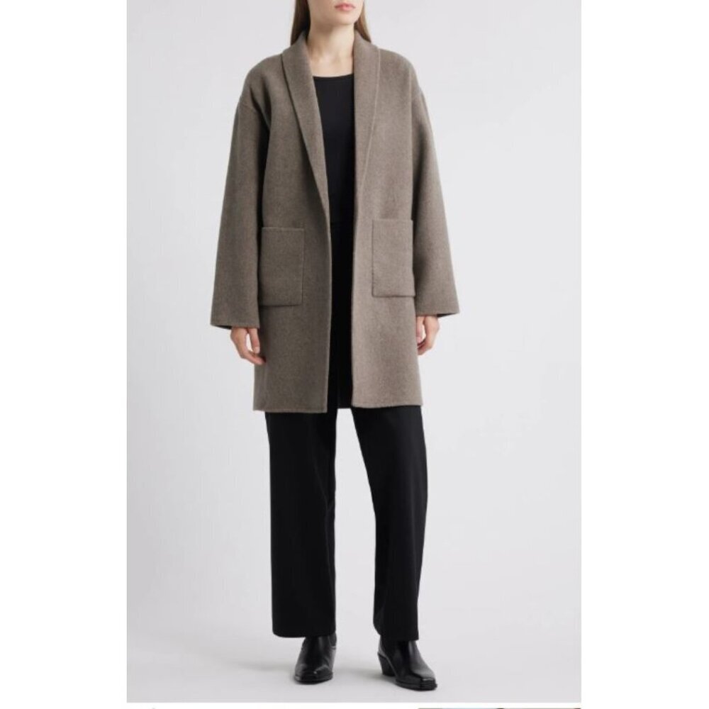 Eileen Fisher Wool Shawl Collar Coat Taupe Open Front Patch Pockets Midi Sm EUC